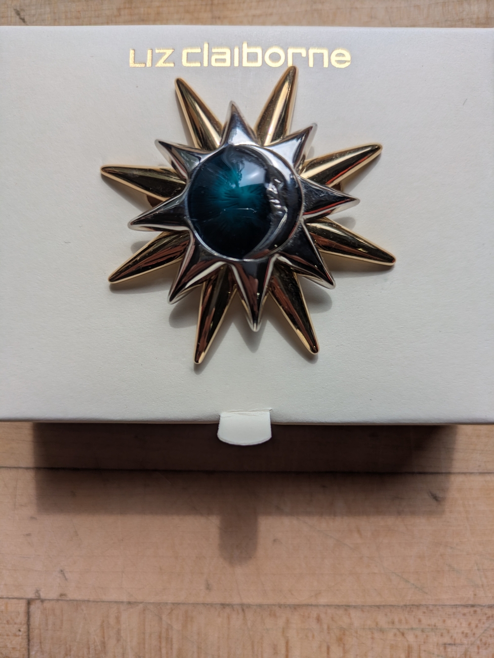 Liz Claiborne Gold and Teal Sunburst Brooch